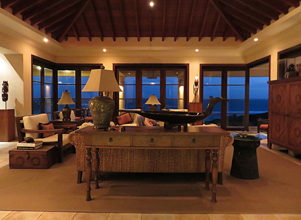 inside the great room at night at bird of paradise villa