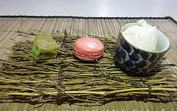 chef ken lin tasting menu dessert of green tea cake, rum punch and sesame ice cream