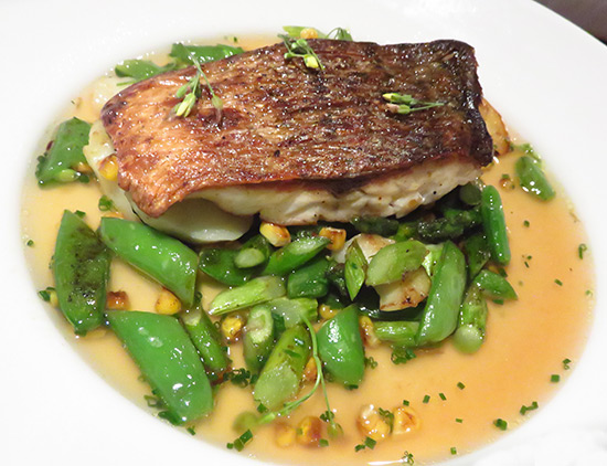 covecastles special entree of wild striped bass with roast corn and asparagus ragout