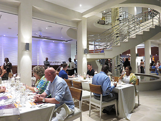 inside the reefs yacht club restaurant looking at the pool