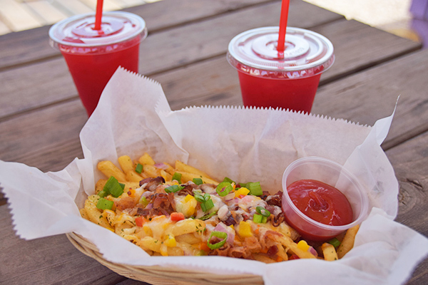 Loaded fries and raspberry juice at cafe 264