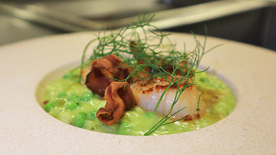 Seared Scallops & Pea Risotto at Santorini