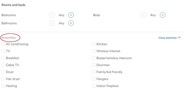 amenities and rooms function at airbnb