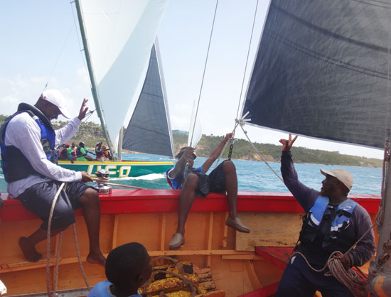 catching the wind leaning on the jib of an anguilla racing boat