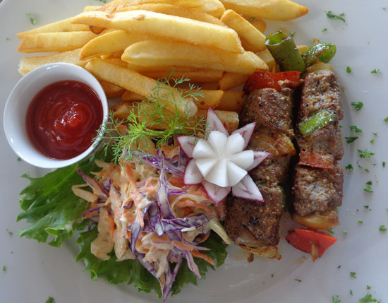 Anguilla food, Anguilla restaurants, Poker's Plank, pirate theme, kid-friendly, Anguilla lunch, Anguilla dinner, steak kebab