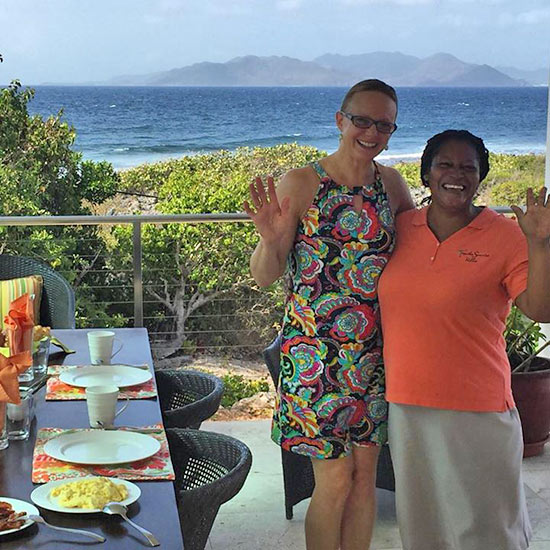 becky with heather on tequila sunrise villas terrace for breakfast