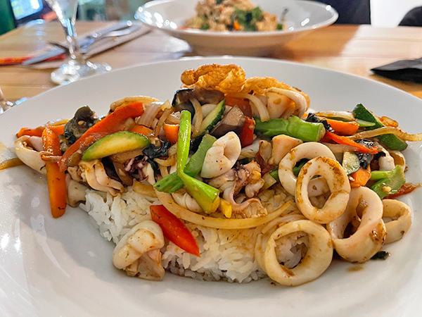 Traditional Pad Ka Prao with Patagonia Calamari at Tao Garden