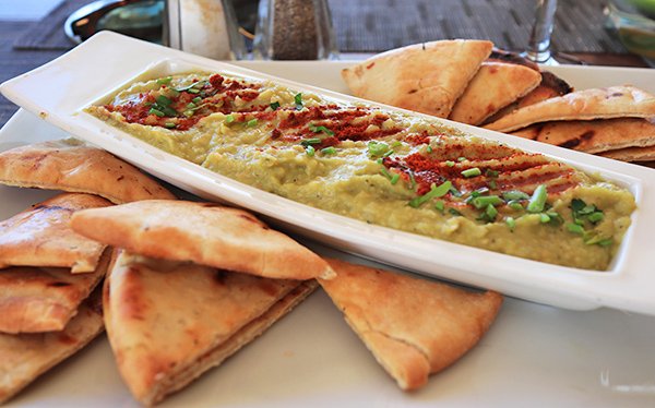 Chickpeas, tahini, cilantro, garlic and Jerk spiced pita