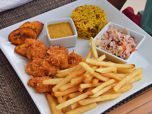 coconut shrimp at tropical sunset