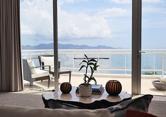 View from bed of Master Bedroom at Champagne Shores of sea and Saint Martin