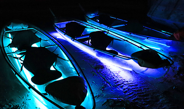 Liquid Glow night kayaking on LED light transperant kayaks