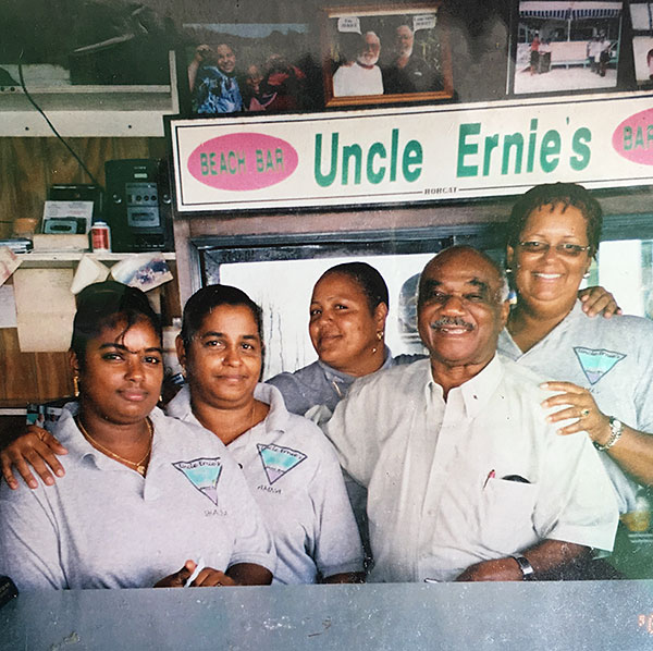 uncle ernie and his staff at uncle ernie's beach bar on shoal bay, anguilla