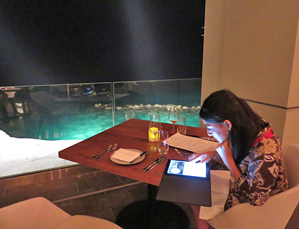 yuki at coba dinner table with lights behind